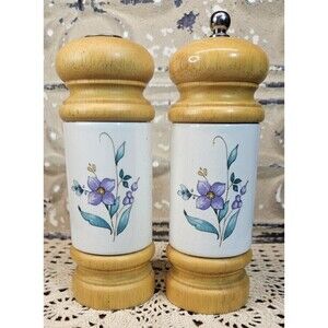 Vintage Mr. Dudley Wood & Ceramic Pepper & Salt Shaker Set Floral Pattern (read)